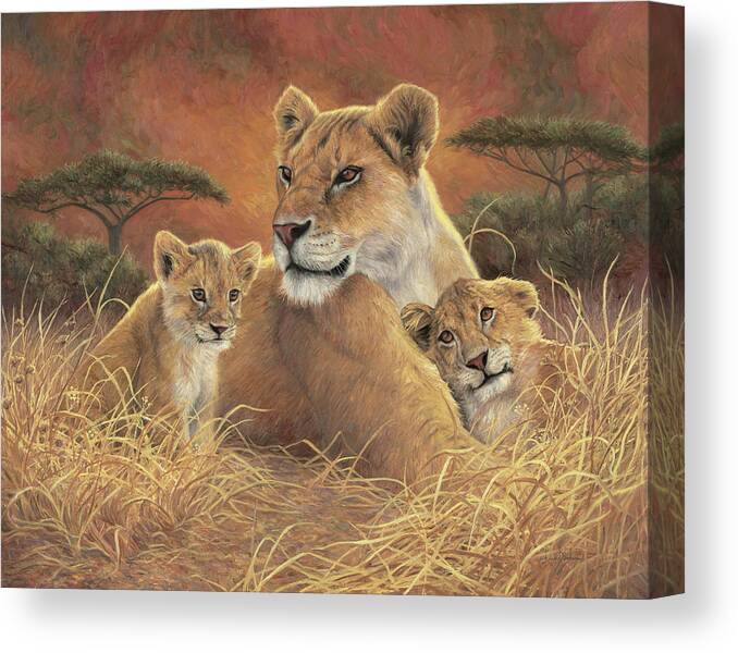 Lion Canvas Print featuring the painting Motherly by Lucie Bilodeau