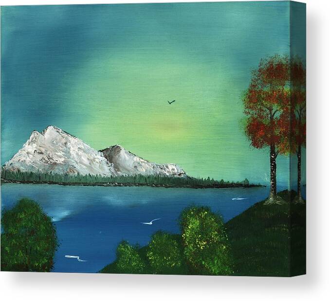 Calm Canvas Print featuring the painting Mountain and Lake Haze by Anastasiya Malakhova