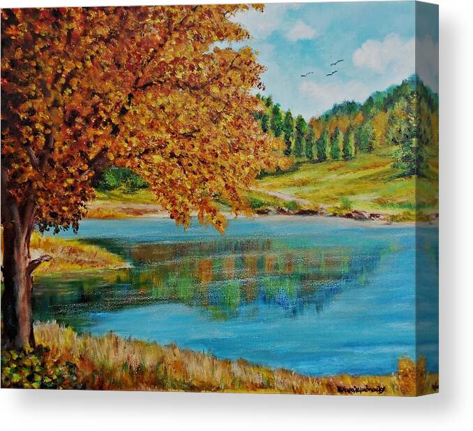 Mountains Canvas Print featuring the painting Mountain lake in Greece by Konstantinos Charalampopoulos