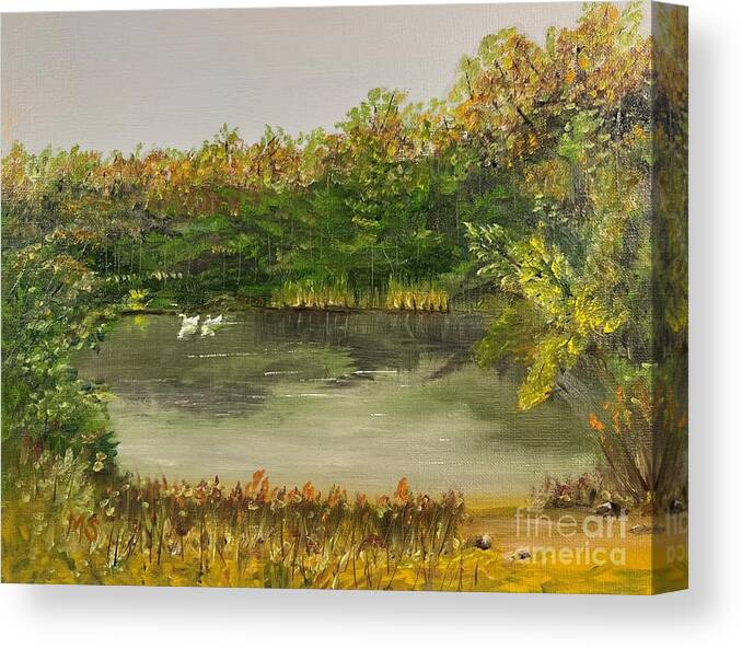 Peaceful Canvas Print featuring the painting Mystery Pond by Monika Shepherdson