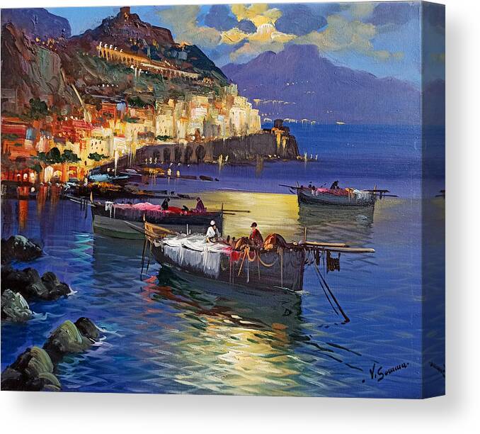 Night fishing in Amalfi Italian seaside 40x50 cm Canvas Print Canvas Art  by Vincenzo Somma Fine Art America
