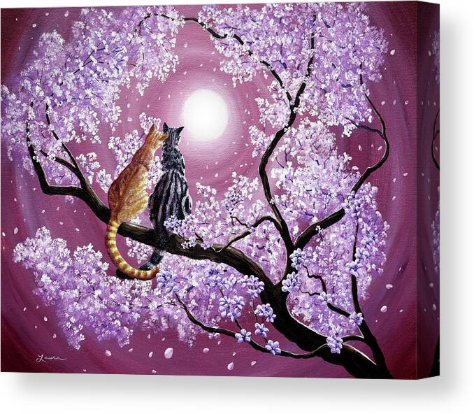 Grey Canvas Print featuring the painting Orange and Gray Tabby Cats in Cherry Blossoms by Laura Iverson