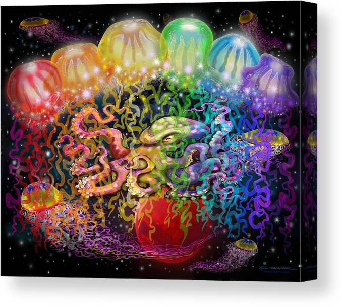 Space Canvas Print featuring the digital art Outer Space Rainbow Alien Tentacles by Kevin Middleton