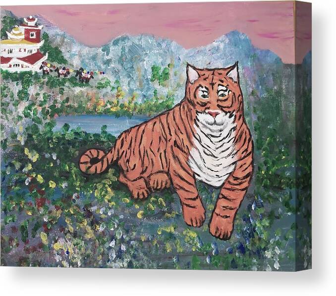 Tiger Canvas Print featuring the painting Paro Taktsang,Tiger's nest by Lisa Koyle