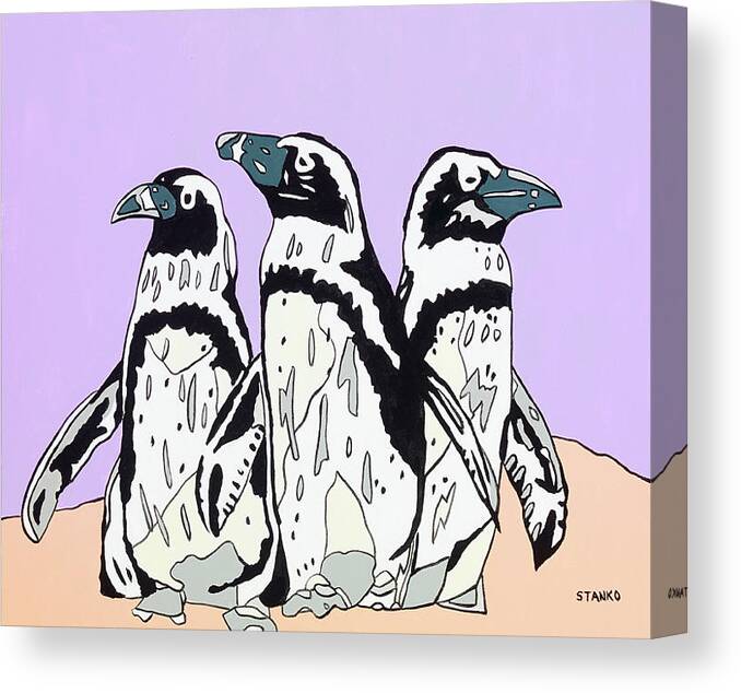 Penguins Birds Canvas Print featuring the painting Penguins by Mike Stanko