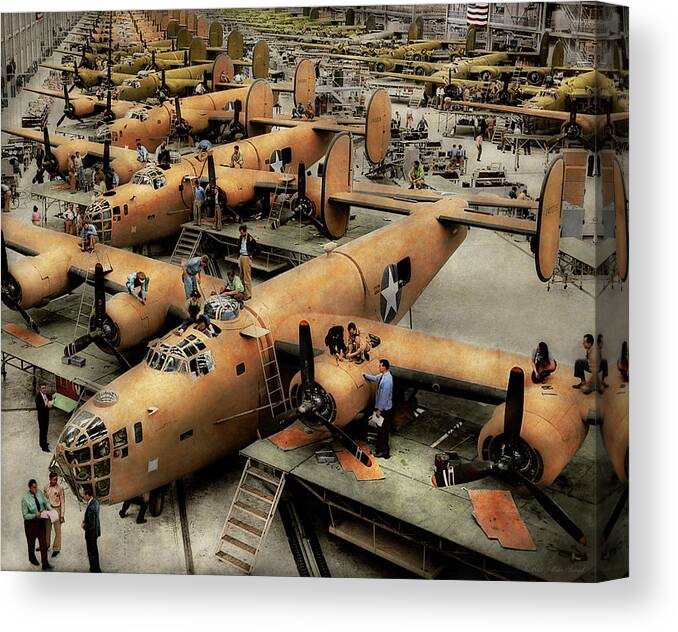 Pilot Canvas Print featuring the photograph Plane - Factory - The Great Liberator 1943 by Mike Savad