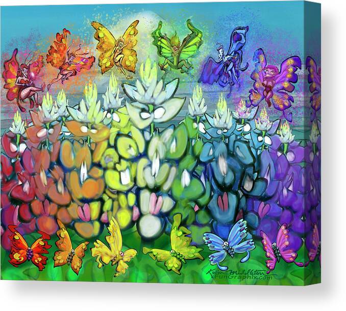 Rainbow Canvas Print featuring the digital art Rainbow Bluebonnets Scene w Pixies by Kevin Middleton