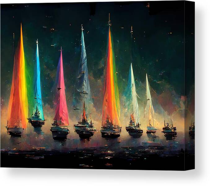 Sailing Canvas Print featuring the digital art Rainbow Fleet by Nickleen Mosher