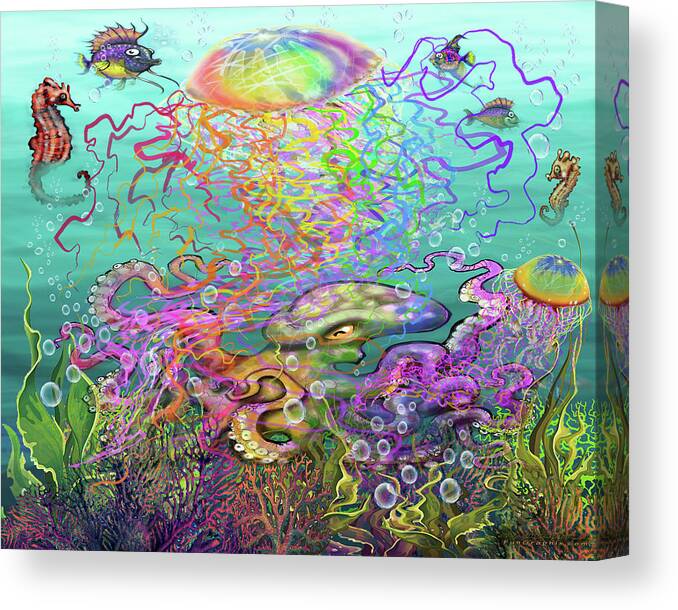 Rainbow Canvas Print featuring the digital art Rainbow Jellyfish and Friends by Kevin Middleton