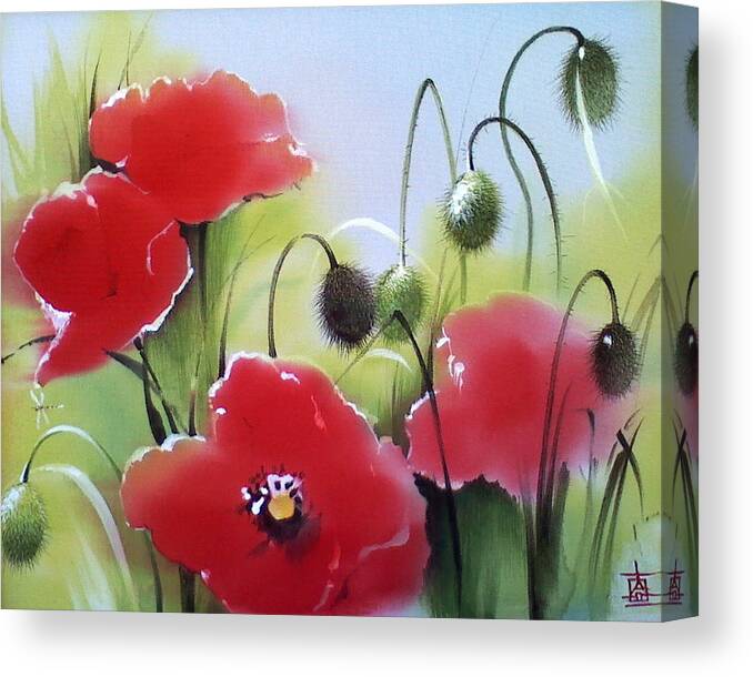 Russian Artists New Wave Canvas Print featuring the painting Red Poppy Flowers in Summer Meadow by Alina Oseeva