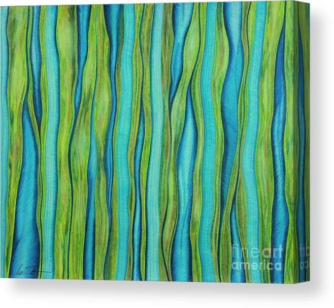 Blue Green Scottbrennanart Abstract Prismacolor Pencils Reeds Water Canvas Print featuring the drawing Reeds In Cascade by Scott Brennan