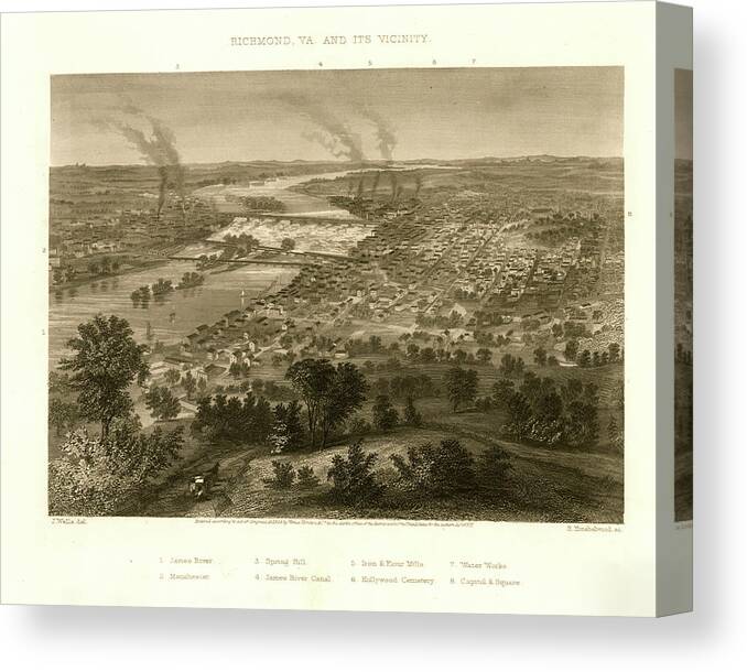 Map Canvas Print featuring the drawing Richmond Virginia and Vicinity during the Civil War 1863 by Vintage Places