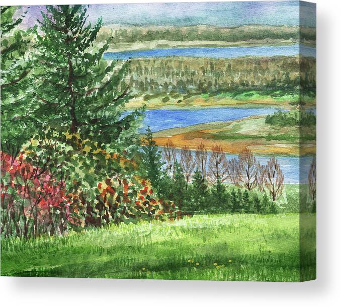Rever Bank Canvas Print featuring the painting Riverbank Watercolor Landscape by Irina Sztukowski