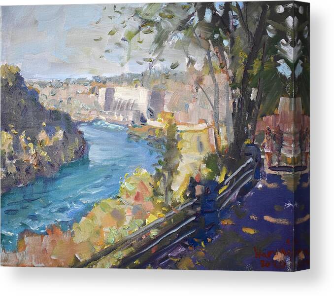 Niagara Gorge Canvas Print featuring the painting Robert Moses Niagara Hydroelectric Power Station by Ylli Haruni