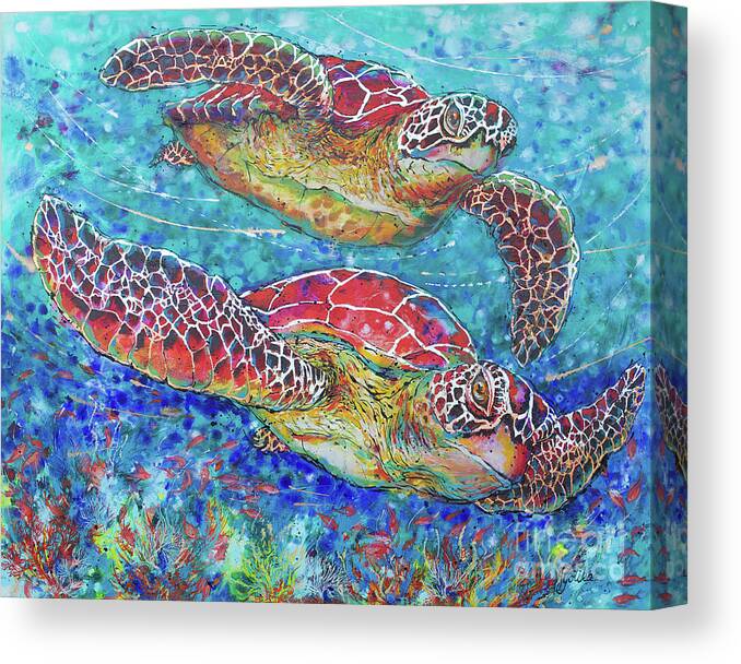  Canvas Print featuring the painting Sea Turtles on Coral Reef II by Jyotika Shroff