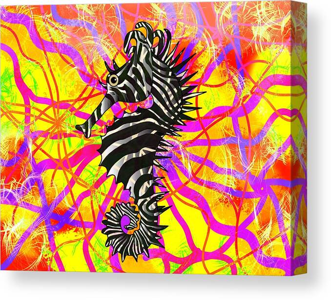 Portrait Canvas Print featuring the drawing Seahorse Zebra Stripes Bold And Bright by Joan Stratton
