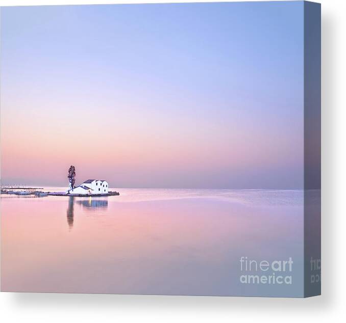Sunrise Tree White Haven House Single Lonely Loneliness Alone Solo Solitary Relaxation Blue Sky Pink Sea Creative Unwinding Calm Serene Tranquillity Untroubled Minimalist Stylish Minimalism Glorious Impression Impressionistic Landscape Scenic Mindfulness Singular Charming Atmospheric Aesthetic Dawn Sentimental Delicate Gentle Evocative Panoramic Unspoiled Peaceful Tranquility Morning Simplicity Pastel Watercolor Conceptual Expressive Serenity Inspirational Magic Poetic Delightful Simple Seascape Canvas Print featuring the photograph Serenity at dawn by Tatiana Bogracheva