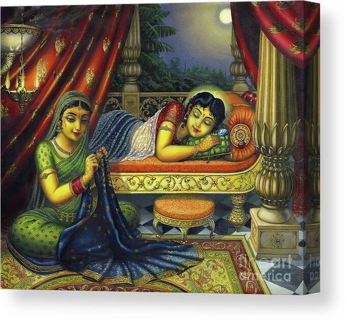 Radharani Canvas Print featuring the painting Sleeping Shrimati Radharani by Vrindavan Das