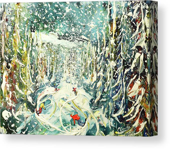 Snow Canvas Print featuring the painting Snowboards Snowing in the Woods Print and Poster by Pete Caswell