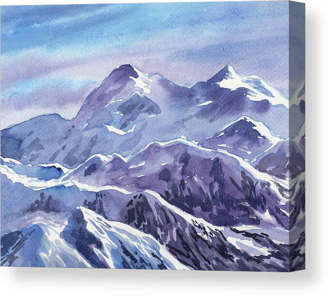 Snowy Mountains Landscape In Blue And Purple Watercolor Canvas Print