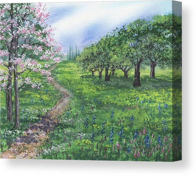 Landscape Canvas Print featuring the painting Spring Flowers In The Field Blossoms On The Trees by Irina Sztukowski