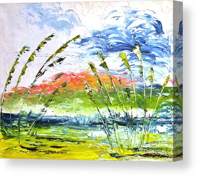Wave Painting Canvas Print featuring the painting Waves and Sea Oats -- Abstract Oil Painting by Catherine Ludwig Donleycott
