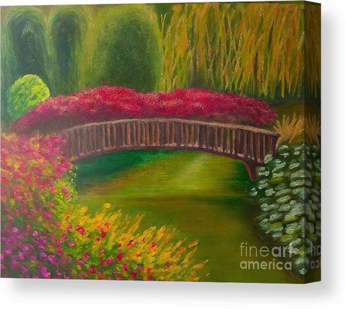 Park Canvas Print featuring the painting Stroll in the park Painting park river serenity summer bridge be by N Akkash