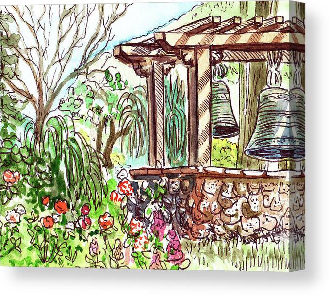 Garden Canvas Print featuring the painting Summer Garden With Gazebo And Bells Watercolor by Irina Sztukowski