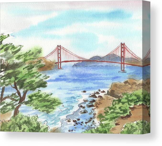 Golden Gate Canvas Print featuring the painting Sunny Day In San Francisco Bay Golden Gate Bridge Watercolor by Irina Sztukowski
