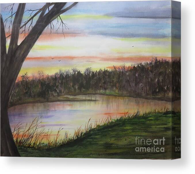 Sunrise Canvas Print featuring the painting Sunrise at the Pond by Joseph Burger
