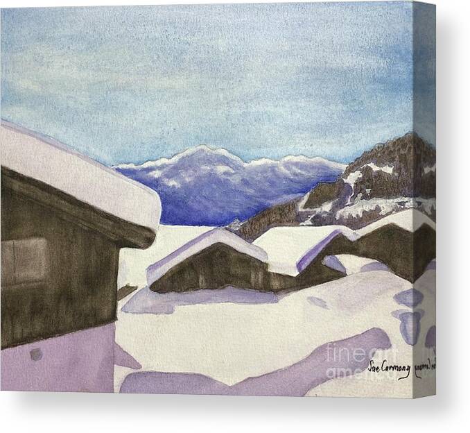 Snow Canvas Print featuring the painting Swiss Skiing Village by Sue Carmony