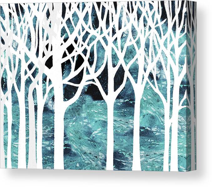 Cool Abstract Canvas Print featuring the painting Teal Blue White Watercolor Forest Silhouette Cool Calm Decor by Irina Sztukowski