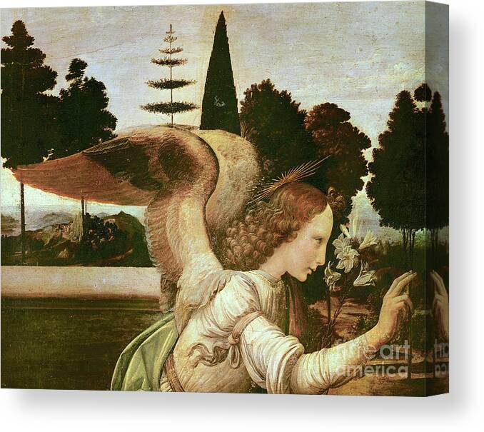 Angel Canvas Print featuring the painting The Annunciation, detail of the angel by Leonardo Da Vinci