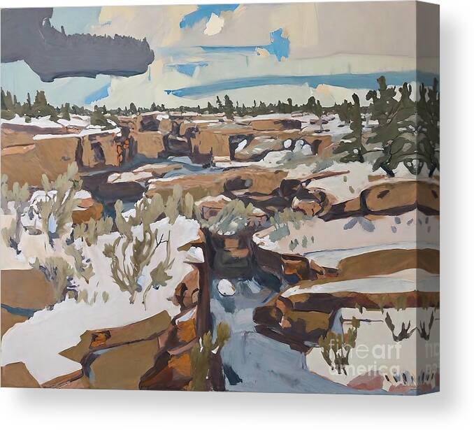 En Plein Air Canvas Print featuring the painting The Canyon Painting en plein air winter canyon original oil landscape art background beautiful cold forest frost frozen hill house illustration landscape nature night outdoor painted painting season by N Akkash
