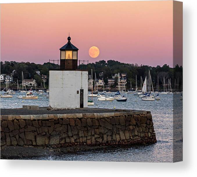 Salem Canvas Print featuring the photograph The Harvest Moon Rising on Derby Light Salem MA by Toby McGuire
