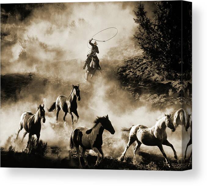 Cowboy Canvas Print featuring the photograph The Last Roundup, Sepia by Don Schimmel
