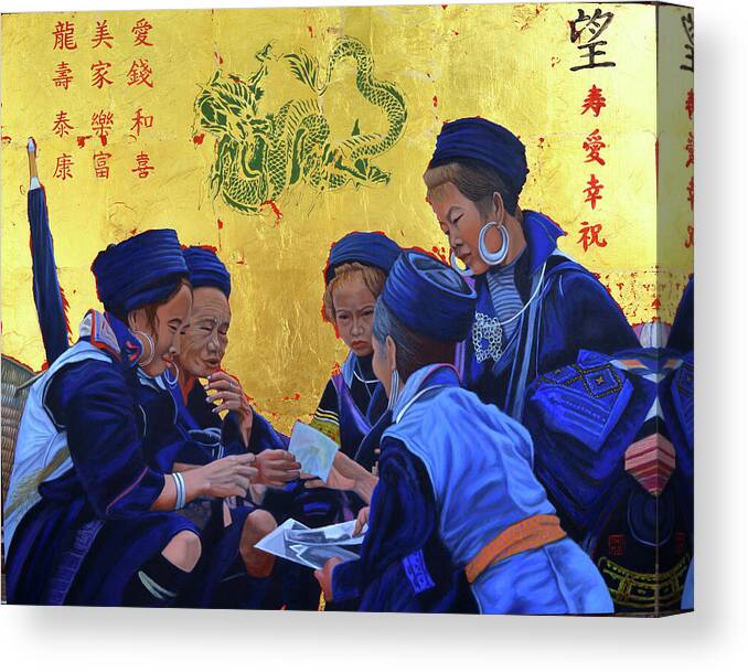 Gold And Blue Canvas Print featuring the painting The Meet Market by Thu Nguyen