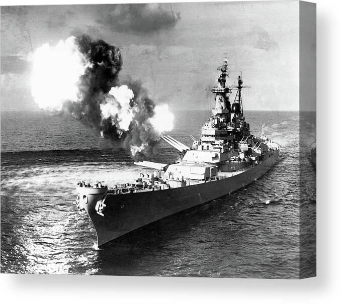The Mighty Mo Canvas Print featuring the painting The Mighty Mo, firing 16-inch Salvo At Chong Jim, Korea by American School