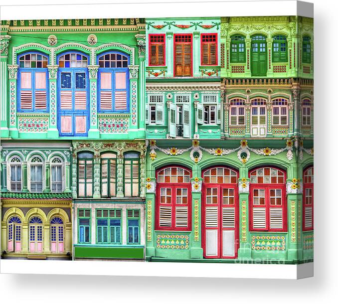 Singapore Canvas Print featuring the photograph The Singapore Shophouse, in GREEN 1 by John Seaton Callahan