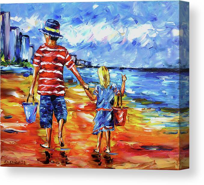 Children On The Beach Canvas Print featuring the painting The two of us on the beach by Mirek Kuzniar