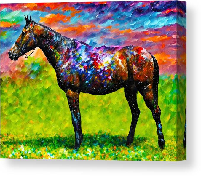 Thoroughbred Canvas Print featuring the digital art Thoroughbred horse on a pasture - colorful abstract painting by Nicko Prints