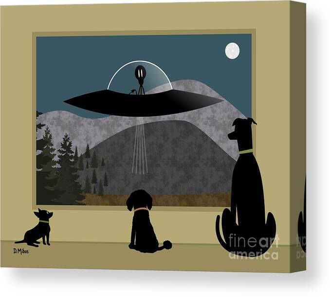 Black Dog Canvas Print featuring the digital art Three Dogs Spy Alien Aircraft by Donna Mibus