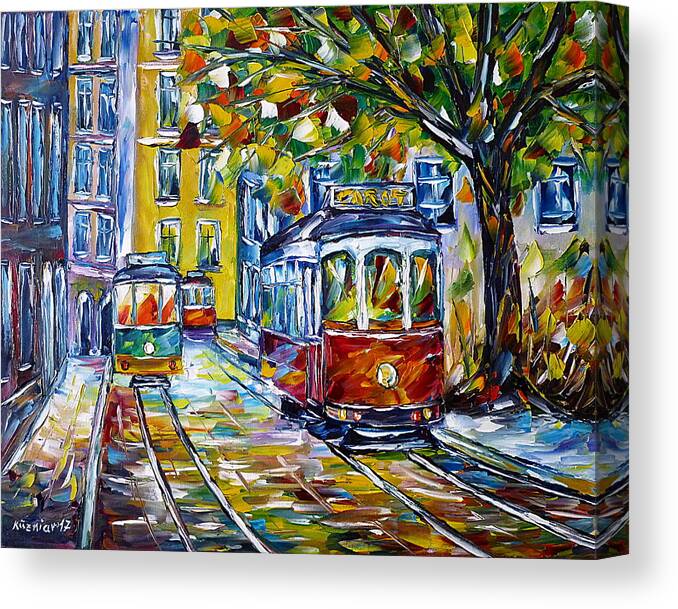Lisboa Canvas Print featuring the painting Tram In Lisbon III by Mirek Kuzniar