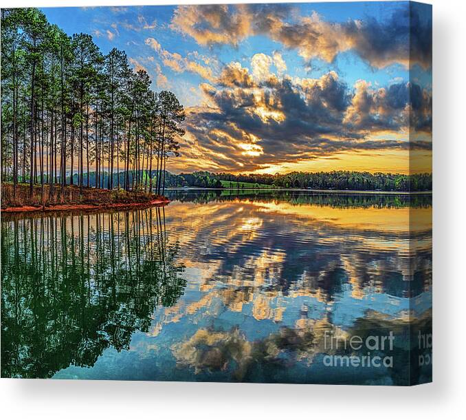 Water Canvas Print featuring the photograph Trees And Vibrant Sky, Lake Keowee, South Carolina by Don Schimmel