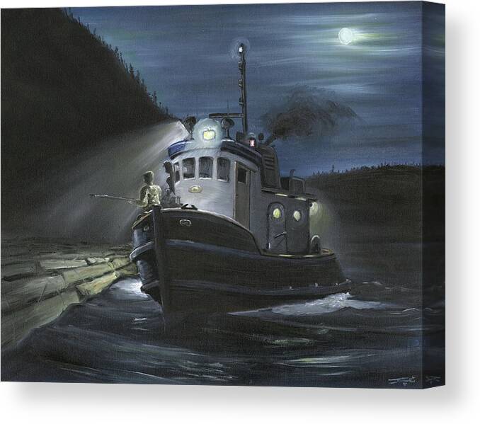 Tugboat Canvas Print featuring the painting Tugboat at Night by Scott Dewis