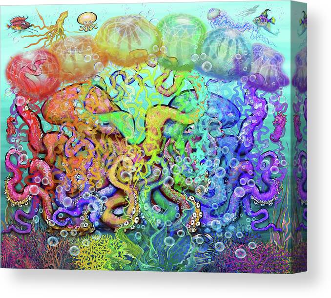 Octopi Canvas Print featuring the digital art Twisted Rainbow of Tentacles by Kevin Middleton