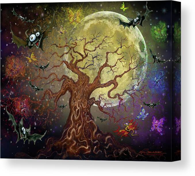 Tree Canvas Print featuring the digital art Twisted Tree w Bats n Pixies by Kevin Middleton