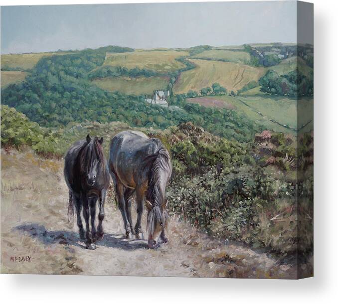 Horses Canvas Print featuring the painting Two horses on Devon coastal path by Martin Davey