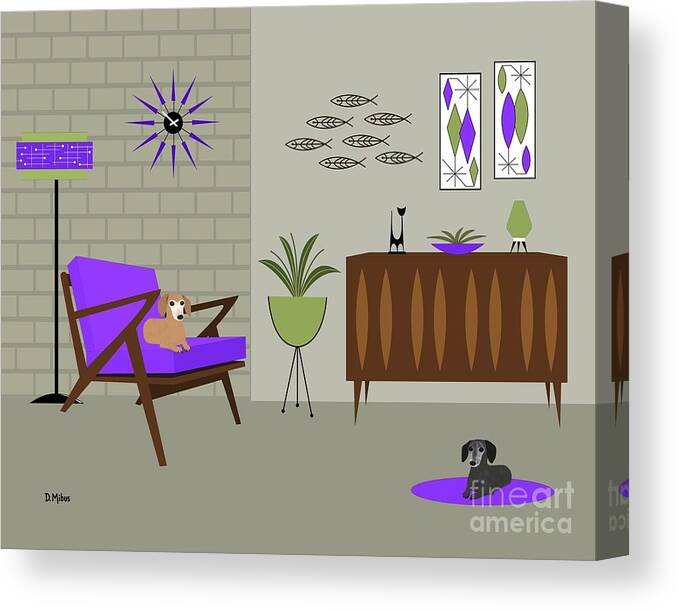Mid Century Modern Dachshunds Canvas Print featuring the digital art Two Mid Century Dachshunds in Purple Room by Donna Mibus