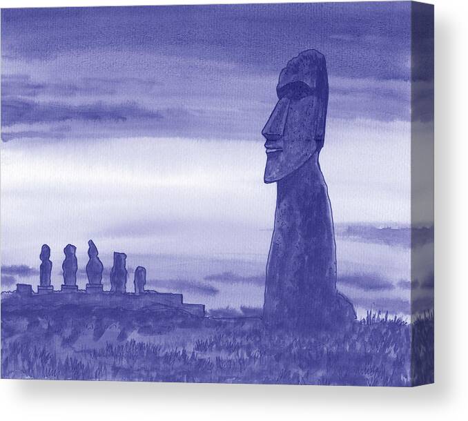Easter Island Canvas Print featuring the painting Very Peri Purple Blue Gorgeous Sunset With Magical Statues Of Easter Island Chile Watercolor by Irina Sztukowski